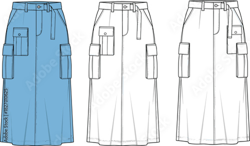 Cargo skirt technical drawing, fashion flat sketch, CAD vector, garment design, pocket detail, pleated hem, waistband, zipper fly, buttons