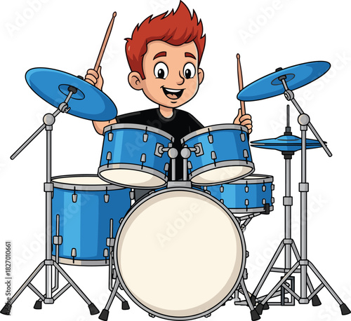 Cartoon child playing drums, music illustration, drummer boy vector, kids musical activity, colorful percussion set, joyful rhythm, band rehearsal art