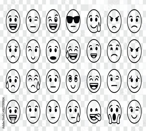 A comprehensive collection of diverse black outline emoji faces, showcasing a wide range of human emotions and expressions for digital communication and social media