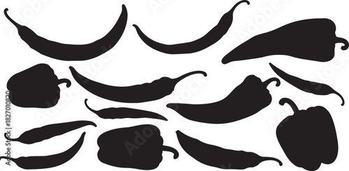 Assortment of Black Silhouette Chili Peppers and Bell Peppers Scattered on White Background Keywords: chili pepper, bell pepper, vegetable, food, ingredient, spice, hot, on transparent background