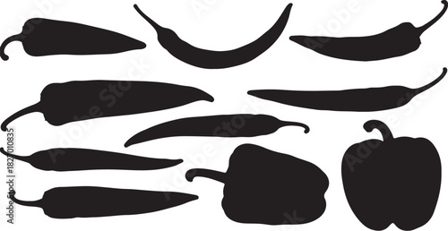 Assortment of black chili pepper and bell pepper silhouettes on a white background Keywords: chili pepper, silhouette, bell pepper, hot pepper, jalapeno, cayenne, paprika, on transparent background