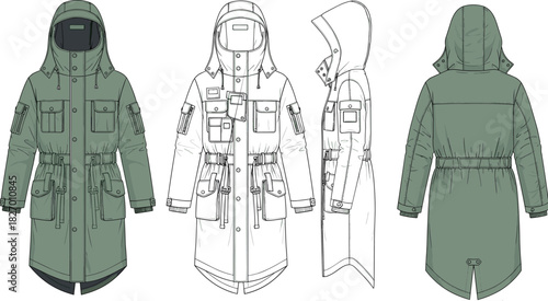 Hooded parka coat, technical fashion sketch, multi-view illustration, garment construction, cad drawing, flat vector, outerwear design, coat template