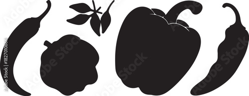 Assortment of Five Black Silhouette Peppers and Leaves on White Background chili bell pepper on transparent background