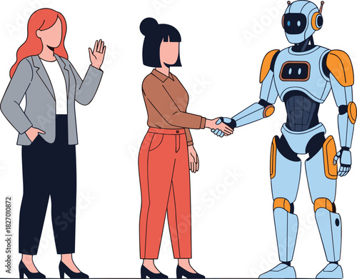 Human robot interaction, handshake, AI collaboration, futuristic teamwork, humanoid robot, technology concept, friendly robot, digital future, vector illustration