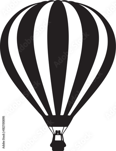 Black silhouette of a hot air balloon with white stripes on a white background Keywords: hot air balloon, silhouette, balloon, airship, flight, travel, transportation, on transparent background