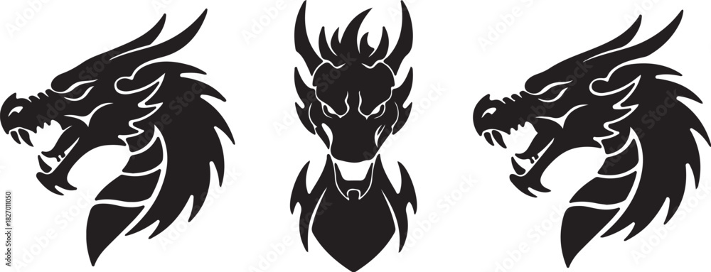 Obraz premium Three Black Silhouette Dragon Heads with Fierce Expressions on White Background Keywords: dragon, head, silhouette, fierce, mythical creature, fantasy, monster, aggressive, on transparent background