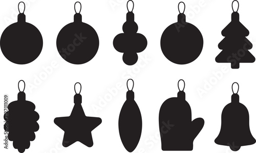 Christmas tree toy black glyph silhouette set. New year holiday decoration stamp stencil mark trace candy star ball pine cone icicle mitten bell spiral gift celebration design party element isolated