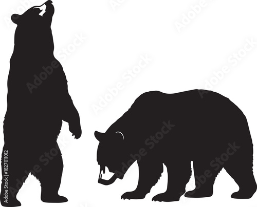 Silhouette of two bears one standing on hind legs the other foraging on white background bear silhouette on transparent background