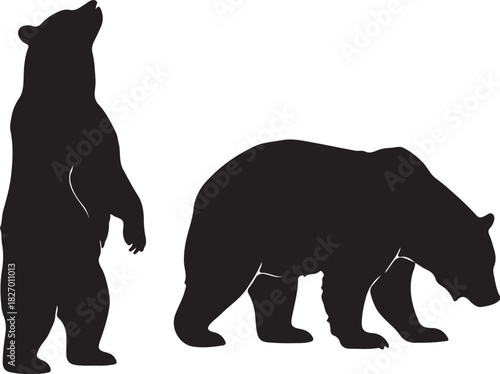 Silhouette of two bears one standing on hind legs the other foraging on white background bear silhouette on transparent background