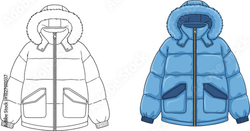 Winter jacket fashion illustration, technical flat sketch, hooded coat vector, CAD drawing outerwear, apparel design template, garment blueprint, clothing mockup