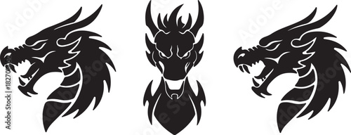Three Black Silhouette Dragon Heads with Fierce Expressions on White Background Keywords: dragon, head, silhouette, fierce, mythical creature, fantasy, monster, aggressive, on transparent background