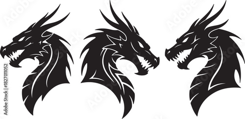 Three black silhouette dragon heads with sharp teeth and horns mythical creature fantasy on transparent background