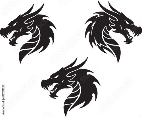 Three black silhouette dragon heads with sharp teeth and spiky manes on white background dragon silhouette on transparent background