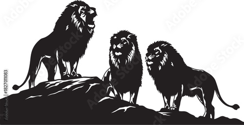 Three Black Silhouette Lions Standing on Rocks Against White Background Keywords: lion, lions, big cat, feline, animal, wildlife, silhouette, black, white background, on transparent background