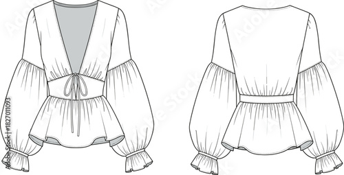 Women's blouse technical sketch, fashion flat, CAD drawing, puff sleeve, tie front, peplum hem, garment design, ruffle cuff, vector
