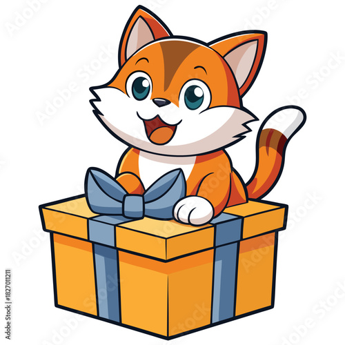 Cheerful cartoon kitten character with a cute domestic feline smile holding a fun gift box illustration vector