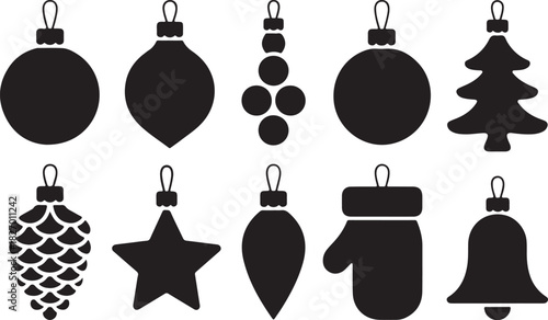 Christmas tree toy black glyph silhouette set. New year holiday decoration stamp stencil mark trace candy star ball pine cone icicle mitten bell spiral gift celebration design party element isolated