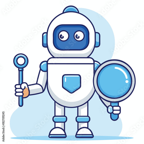 Cute blue 3D plastic robot android character holding a blank futuristic business concept sign illustration