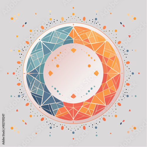 Abstract geometric mandala with celestial symbols representing the duality of sun and moon. A modern vector illustration of cosmic balance and harmony