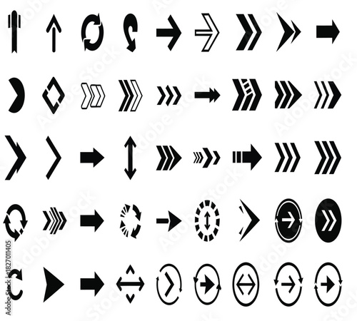 A comprehensive collection of black arrow icons and symbols, depicting various directions, movements, and actions for design projects, isolated on white background