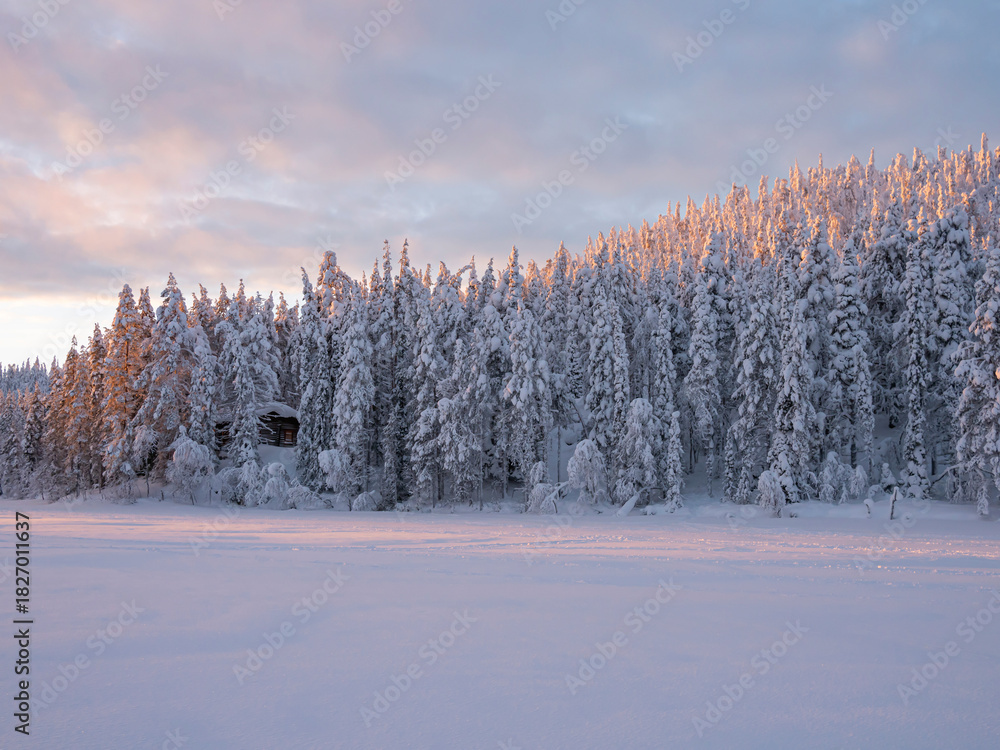 Obraz premium Sunset over a snowy forest and a frozen lake in Lapland.