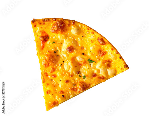 Savory cheese pizza slice, overhead view