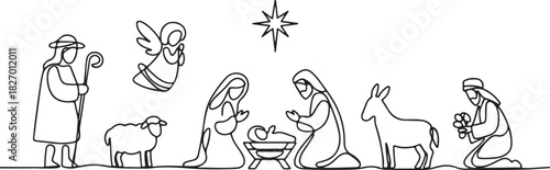 Continuous one line drawing. Bible Merry christmas scene of holy family. Vector illustration