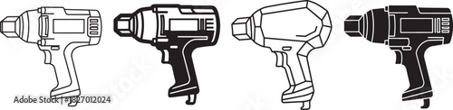 Modern power tool illustrations featuring various cordless impact drivers and electric drills in both outline and solid silhouette icon designs. Vector