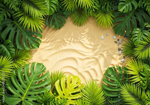 Tropical green foliage frame with sandy beach and palm shadows.