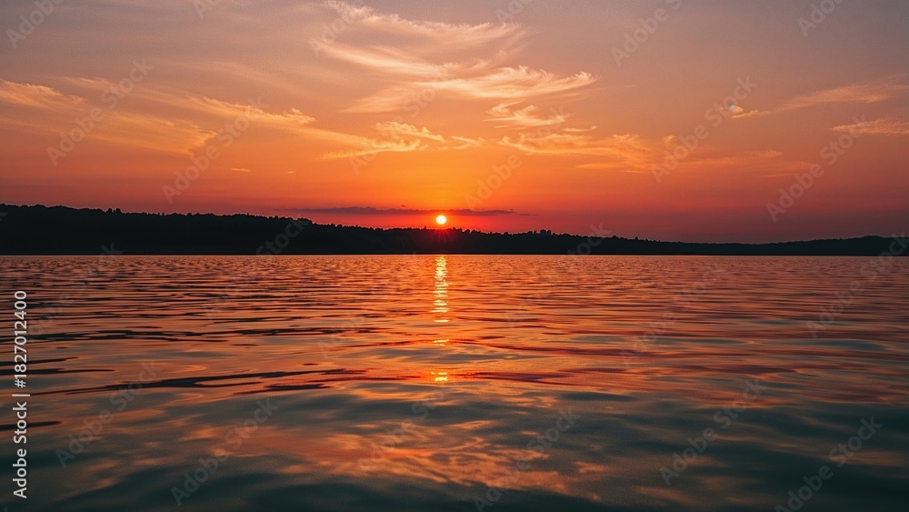 Fototapeta premium Sunset over a body of water with orange and pink hues in the sky. Peaceful and scenic landscape at dusk.