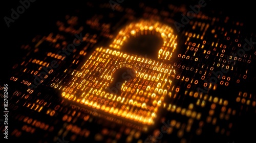 Glowing padlock illustration digital security concept with binary code for cybersecurity and data protection
