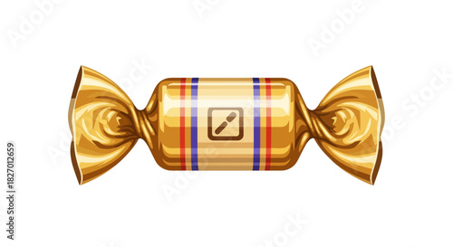 Golden wrapped candy with colored stripes and a brush icon on the wrapper, isolated on white background