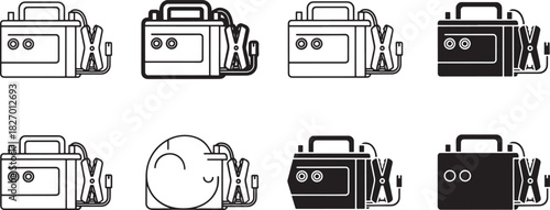Car battery jump starter and charger icon set, a collection of vector outlines and solid silhouettes for automotive power solutions Vector