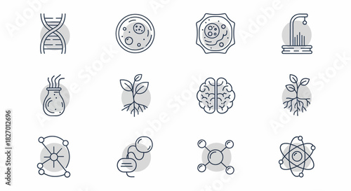 Collection of Science and Biology Icons with DNA and Brain.