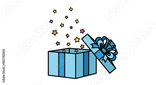 A blue gift box with a bow opens, revealing sparkling stars and confetti, symbolizing surprise and celebration