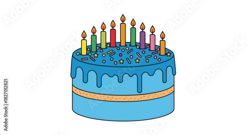 A beautifully illustrated blue birthday cake adorned with colorful lit candles and sprinkles, perfect for celebrating special occasions