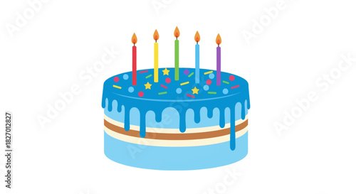 Blue frosted birthday cake with colorful candles and sprinkles, a sweet celebratory treat