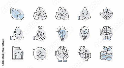 Collection of linear icons representing environmental conservation and sustainable practices.