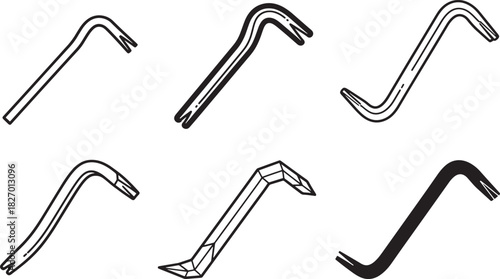 Variety of crowbar tool icons, featuring distinct hand-drawn outline and solid silhouette illustrations, useful for construction and demolition. Vector
