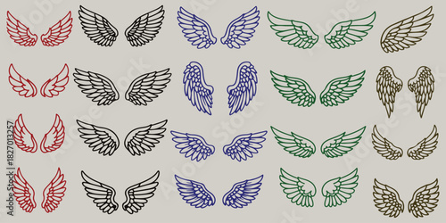 Angel Wings, Hand Drawn Colored Feather Set for Decorative Design and Creative Artwork Elements Collection