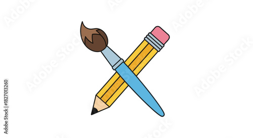 An artistic concept depicting crossed art supplies, a paint brush and pencil, symbolizing creativity and artistic endeavors