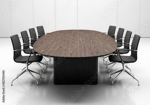 Modern conference room, oval wooden table, empty office chairs