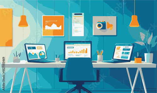 Modern office workspace with multiple screens and data analysis Vector