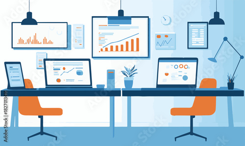 Modern office workspace with data analytics and financial charts Vector
