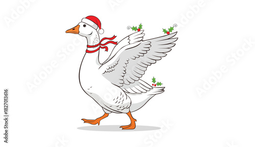 Cartoon goose wearing Santa hat and red ribbon with holly