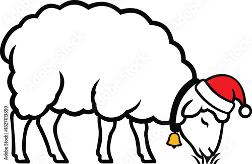 Cartoon Sheep Wearing Santa Hat and Bell Keywords: sheep, lamb, animal, farm, wool, white, black