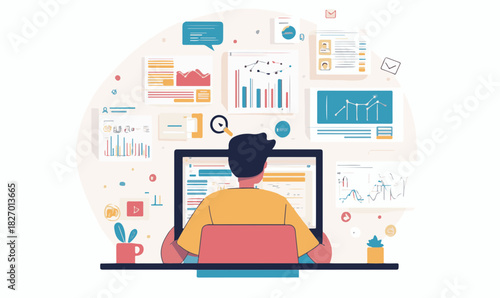 Data analyst working on laptop with financial reports dashboard. Vector