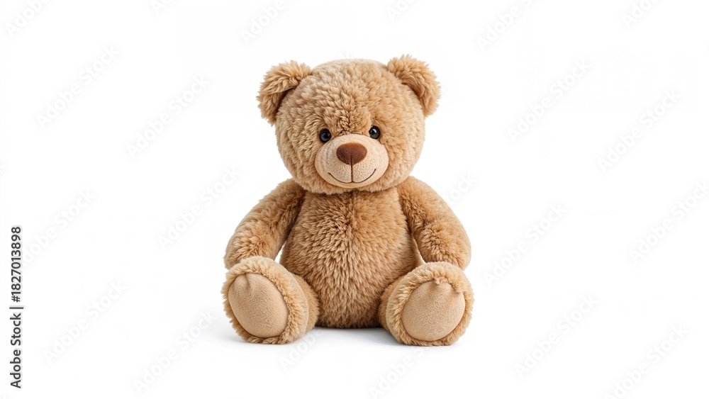 Obraz premium A cute teddy bear toy with soft fur, sitting facing forward on a plain white background.
