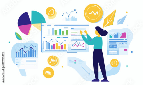 Woman analyzing market trends and business growth data statistics. Vector