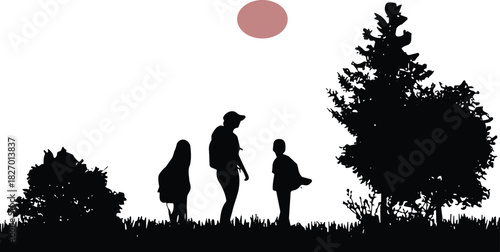 Family walking outdoors silhouette, parent with children in nature, peaceful landscape scene, sunset family moment illustration with trees and grassy field
